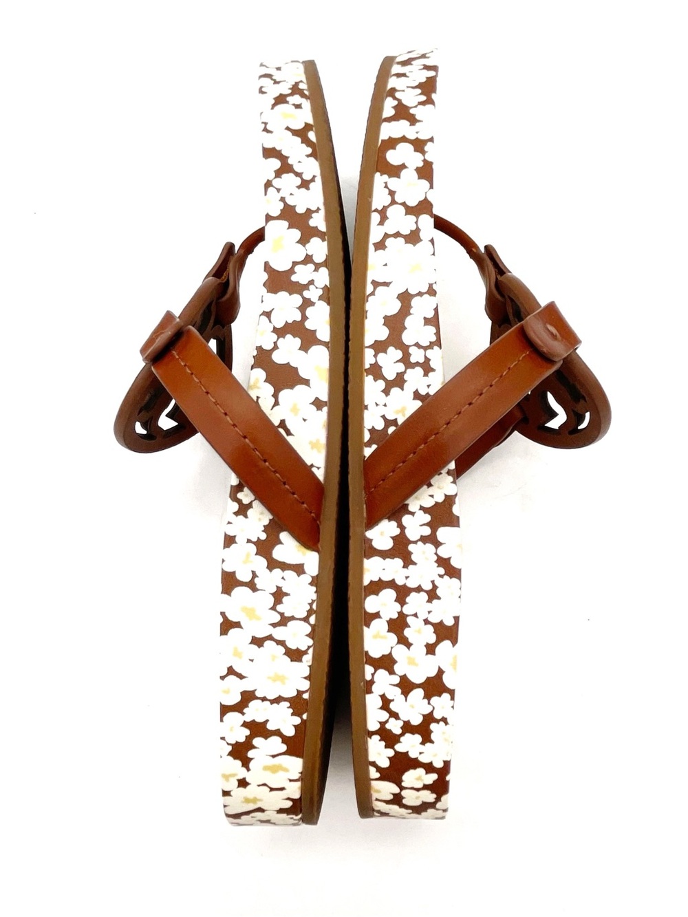 Tory Burch Miller Cloud Sandals Sz 8.5 Brown Floral Logo Leather Flip Flop Slide - Picture 11 of 16